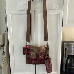 Roots Brown and Red Plaid Crossbody Bag
